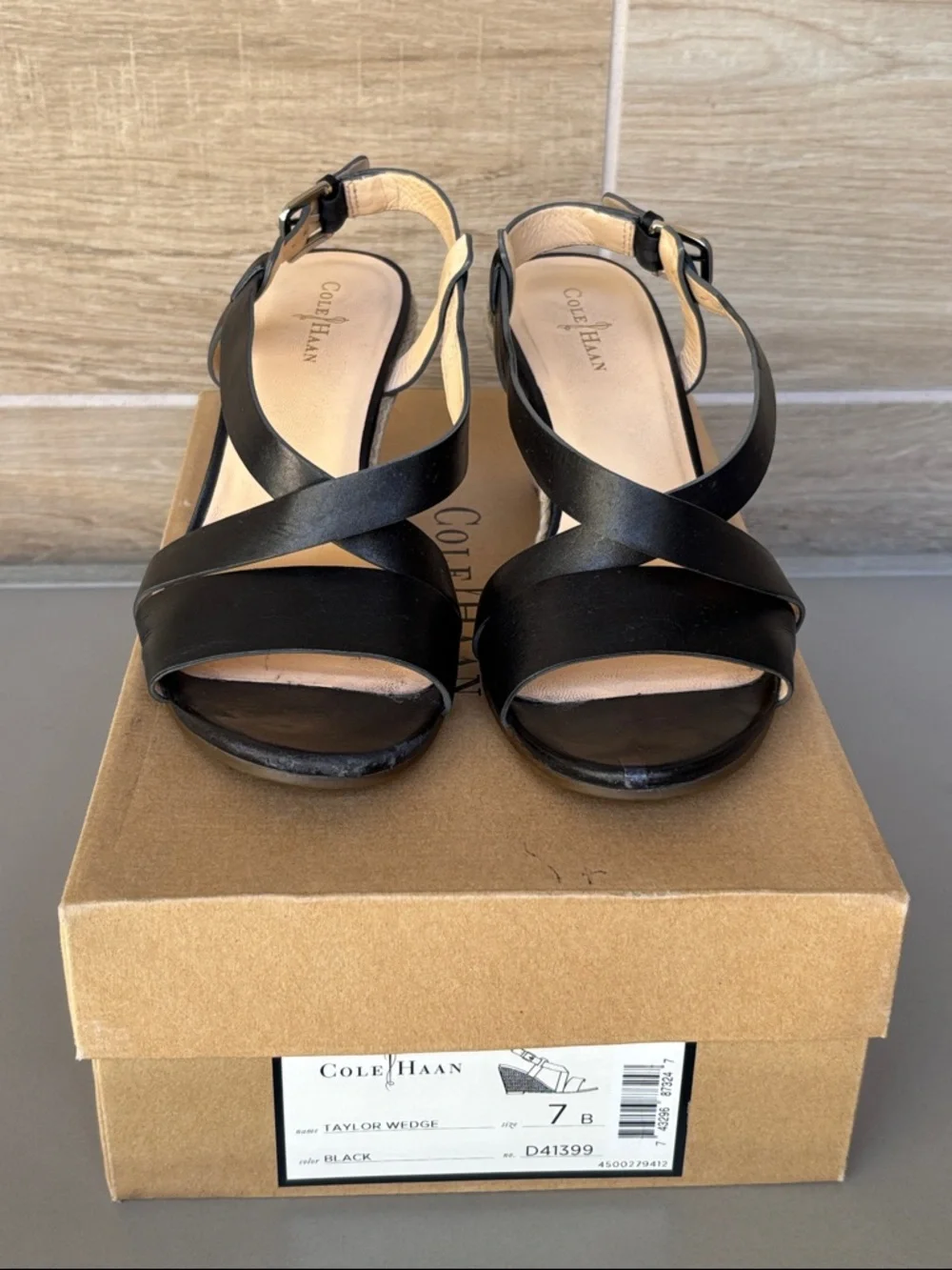 Cole Haan Black Leather Espadrille Taylor Wedge Sandal 7B